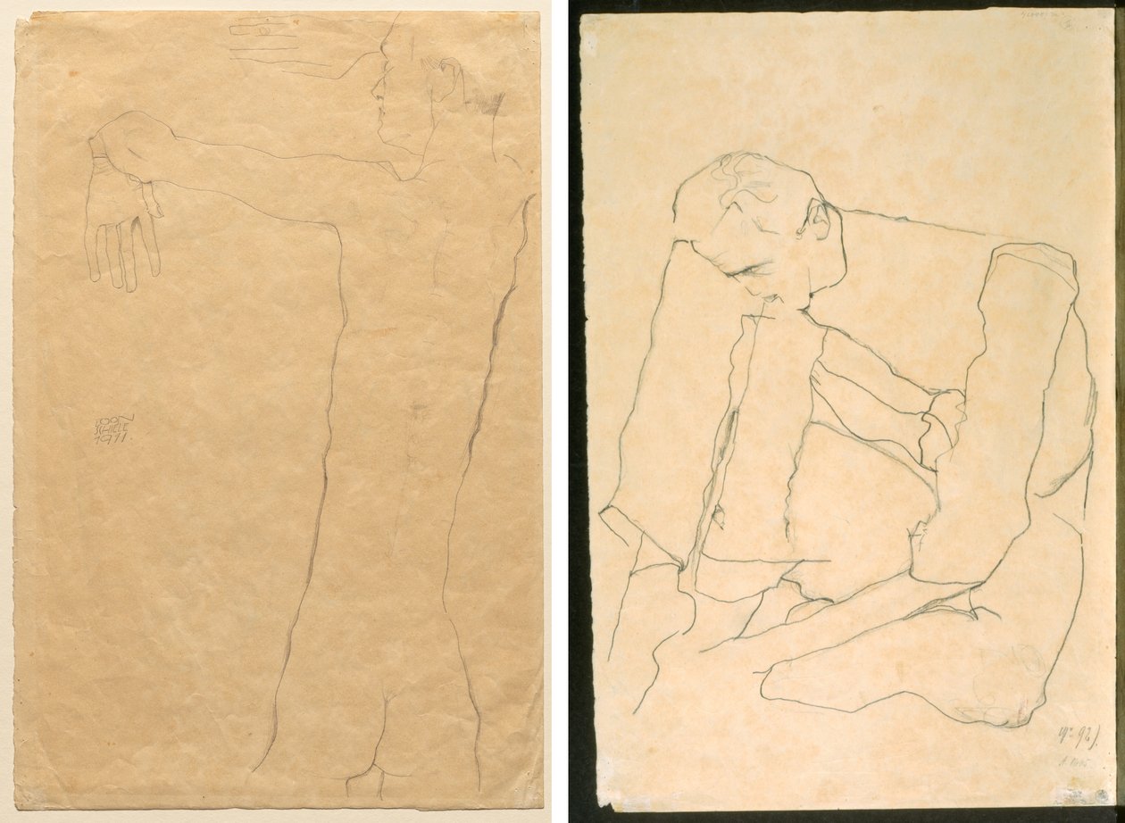 举起手臂的裸体男子（正面） 坐着的男子（背面） 作者 埃贡·席勒（Egon Schiele）