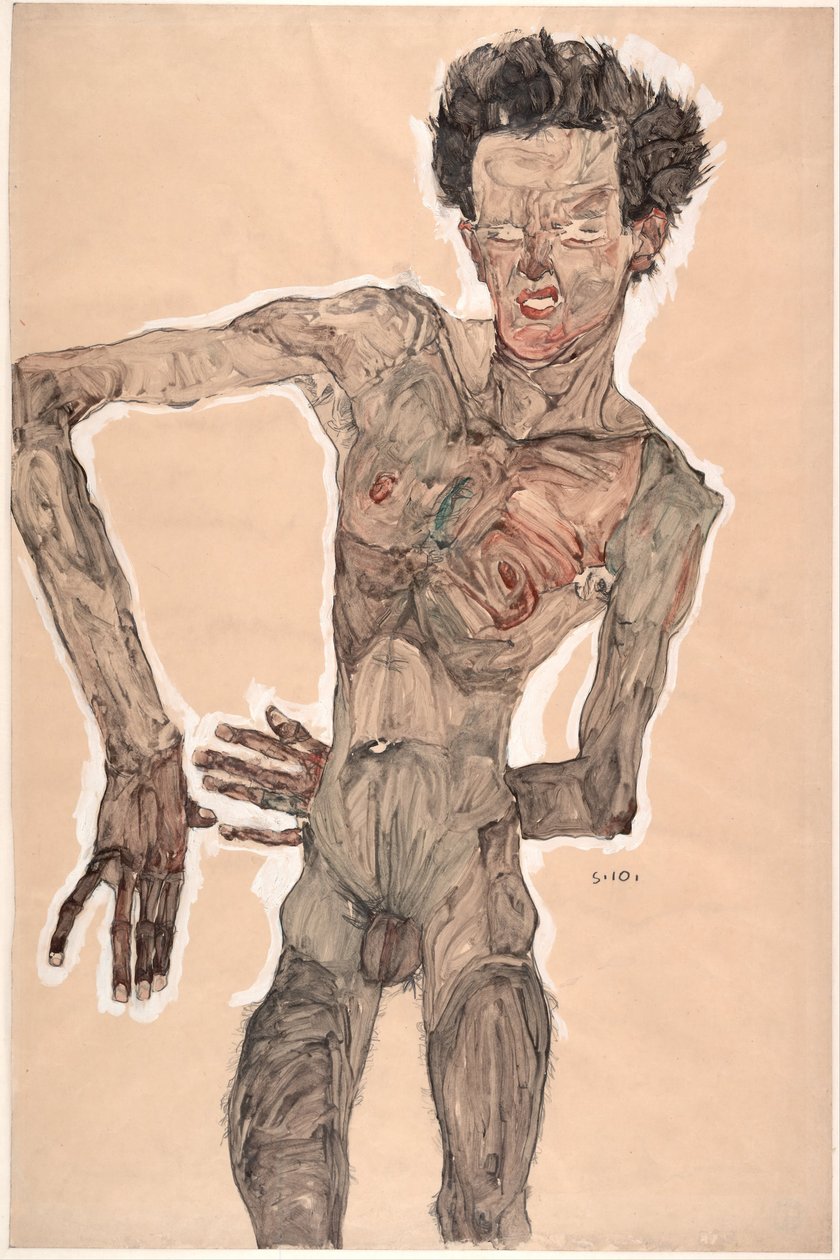 裸体自画像，鬼脸，1910年 作者 埃贡·席勒（Egon Schiele）