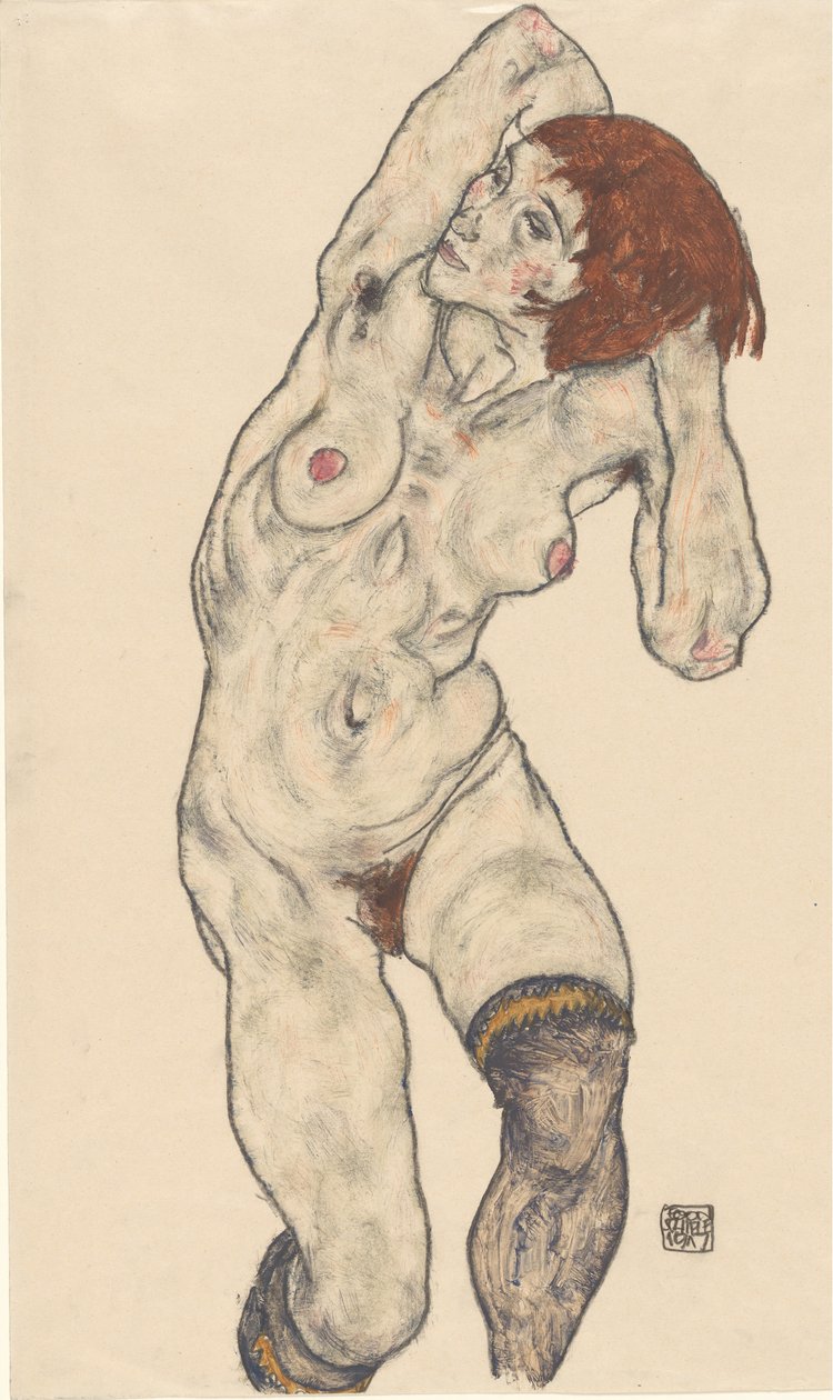 穿黑丝袜的裸体，1917年。 作者 埃贡·席勒（Egon Schiele）