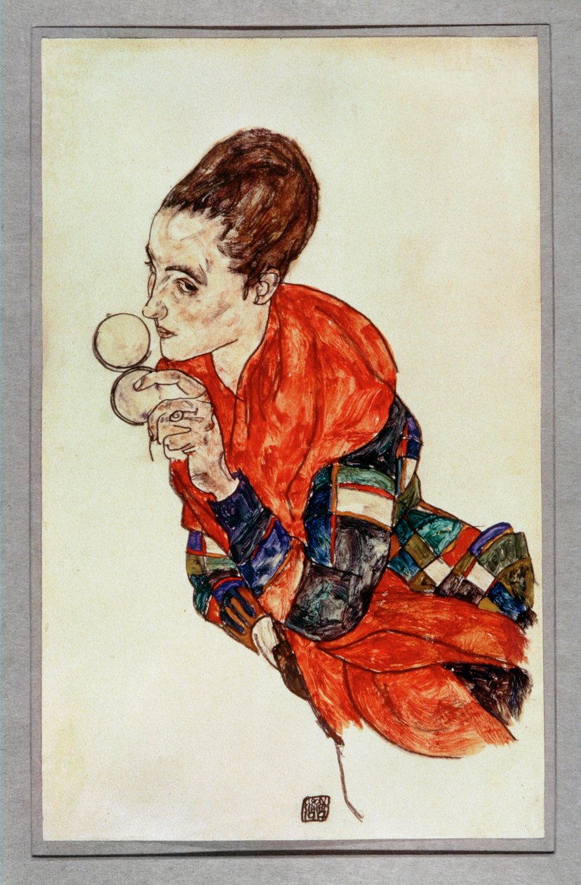 带粉盒的女演员玛加-波尔纳肖像......（水粉画和黑色蜡笔） 作者 埃贡·席勒（Egon Schiele）
