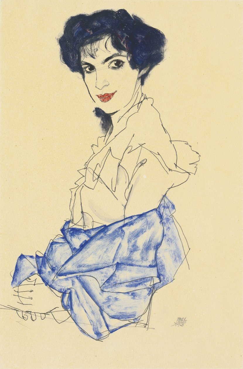 伊丽莎白·莱德勒的肖像，双手合十坐在一起，1913年 作者 埃贡·席勒（Egon Schiele）