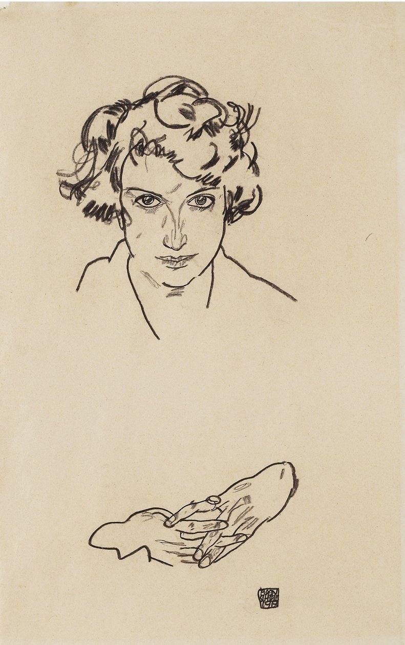 一个女孩的肖像，1917年（编织纸上的黑色蜡笔） 作者 埃贡·席勒（Egon Schiele）