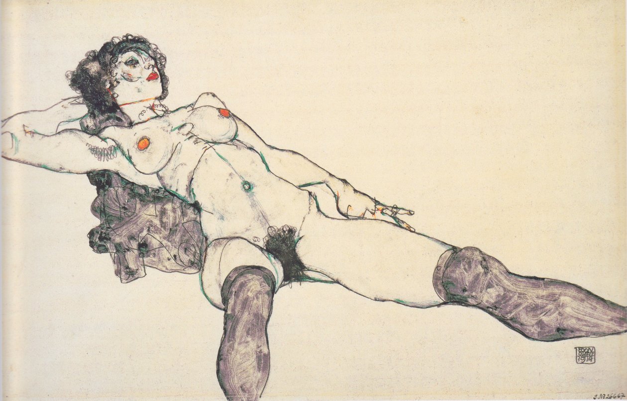 倾斜的女性裸体，双腿张开，1914年 作者 埃贡·席勒（Egon Schiele）