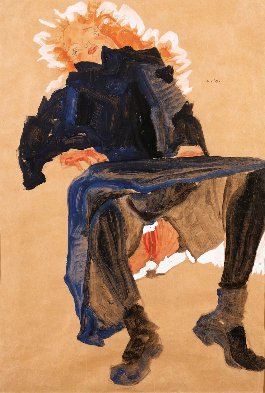 斜倚在蓝色连衣裙的女孩，1910年 作者 埃贡·席勒（Egon Schiele）