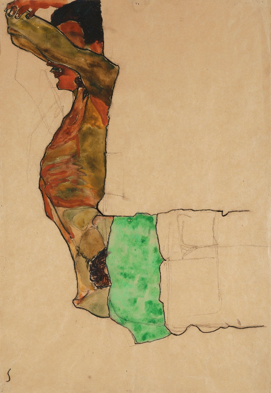 斜倚着绿色布的男性裸体 作者 埃贡·席勒（Egon Schiele）
