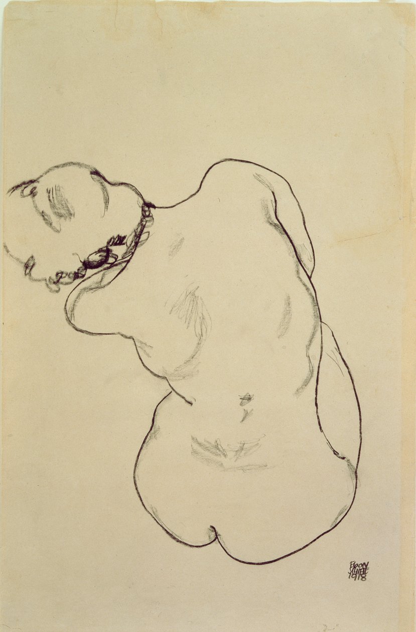 斜倚裸体 - 后视图，1918年（黑色蜡笔在纸上） 作者 埃贡·席勒（Egon Schiele）