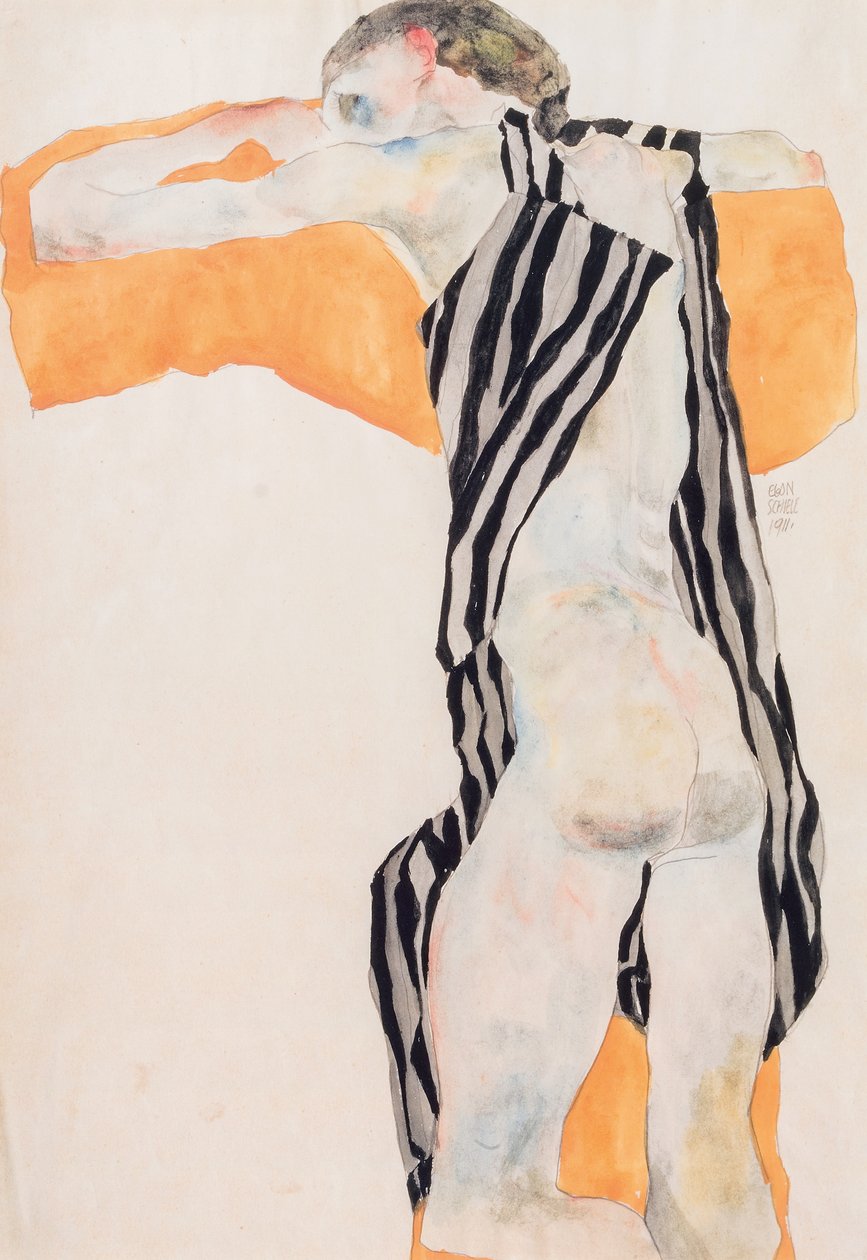 斜倚裸女身着条纹工作服，1911年。 作者 埃贡·席勒（Egon Schiele）