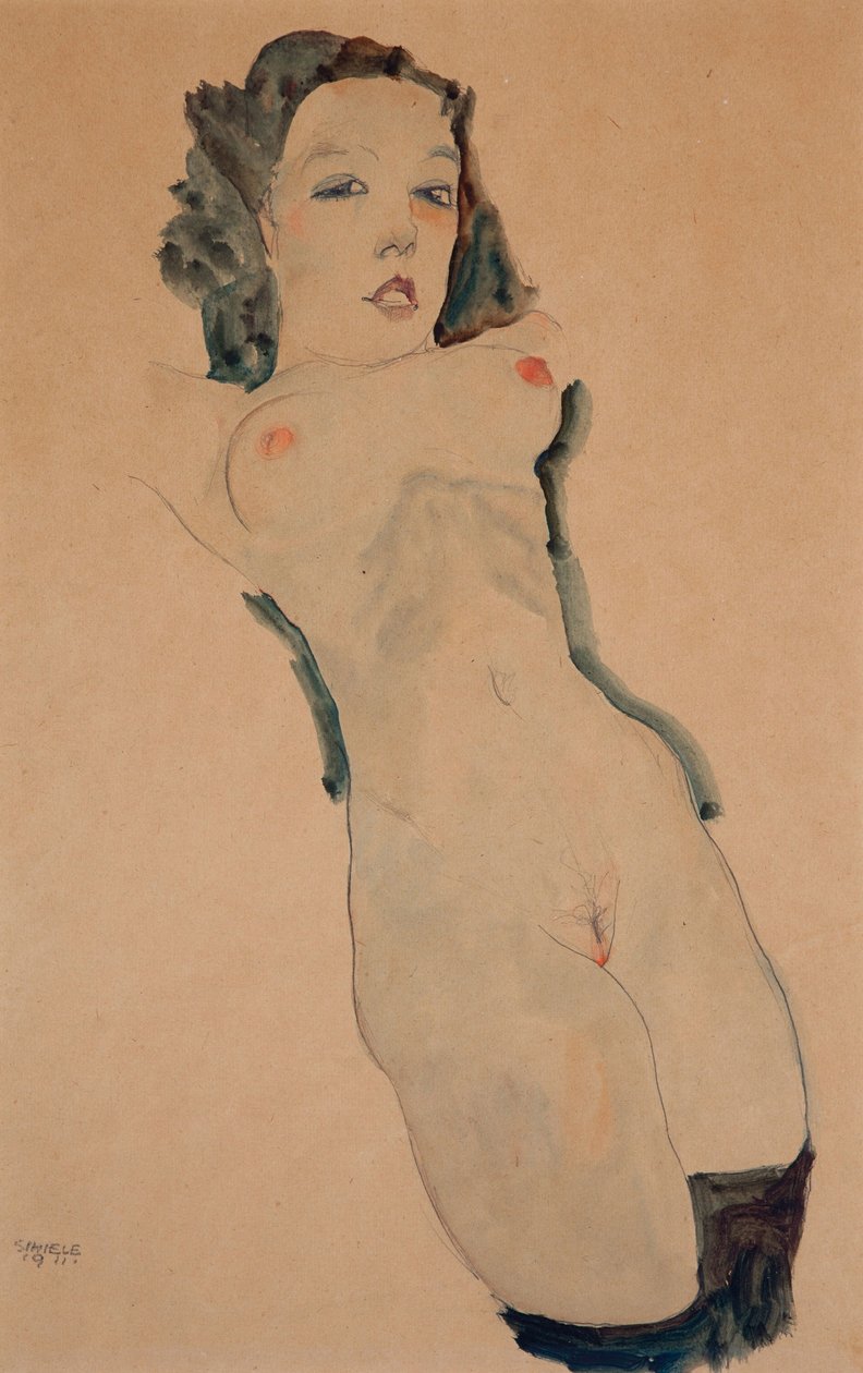 黑色丝袜斜躺裸体 作者 埃贡·席勒（Egon Schiele）