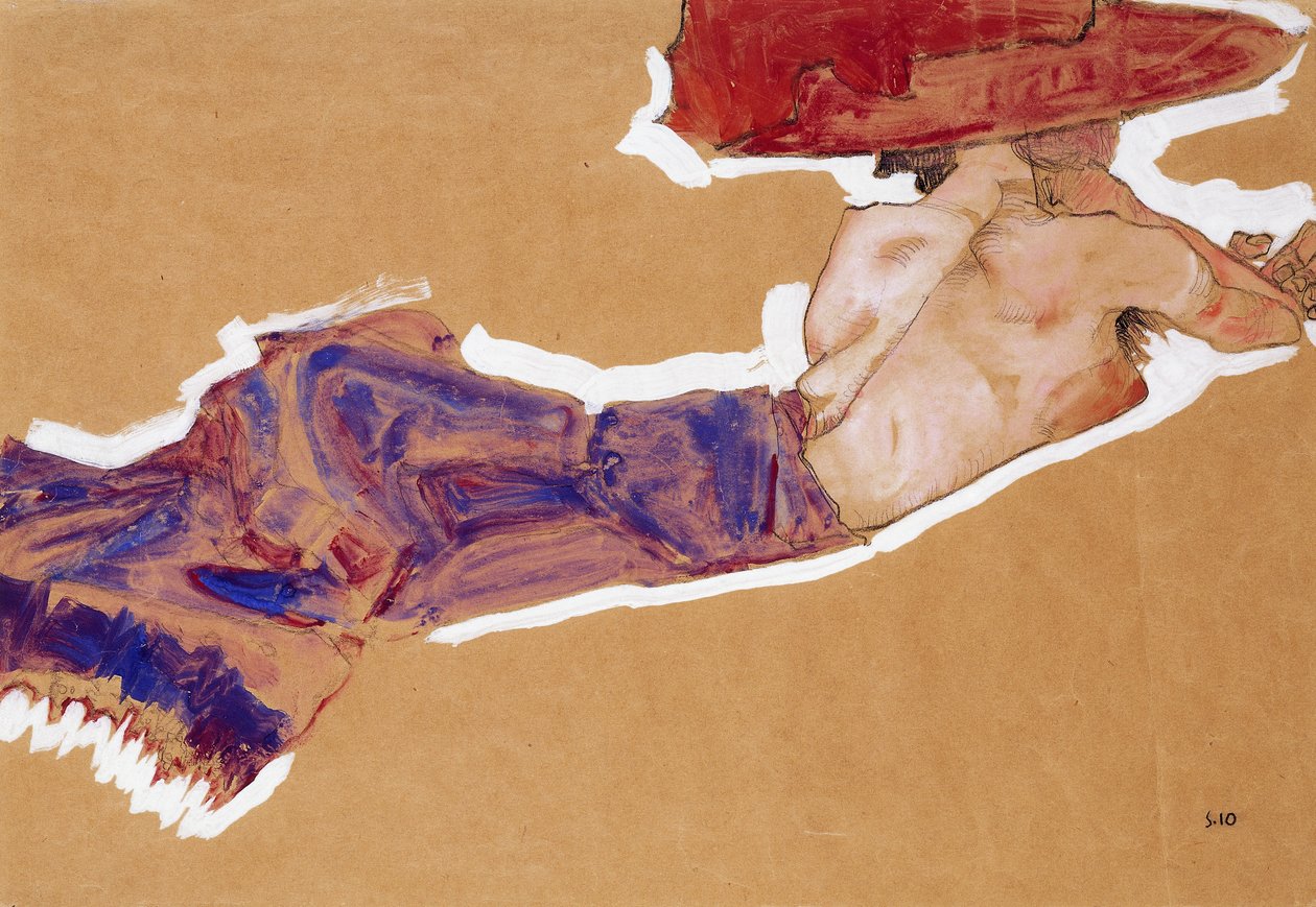 斜倚半裸红帽，1910年 作者 埃贡·席勒（Egon Schiele）