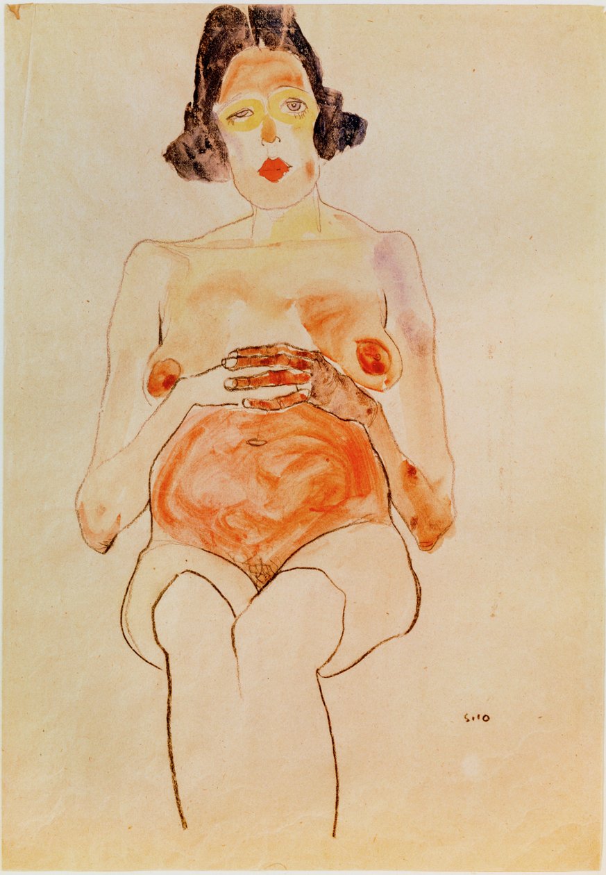 Roter Akt, schwanger [红色裸体，怀孕]（水彩和炭笔） 作者 埃贡·席勒（Egon Schiele）