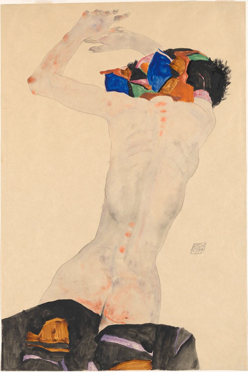 Rückenakt mit buntem Tuch 裸体从背面用彩色布，1911年。 作者 埃贡·席勒（Egon Schiele）