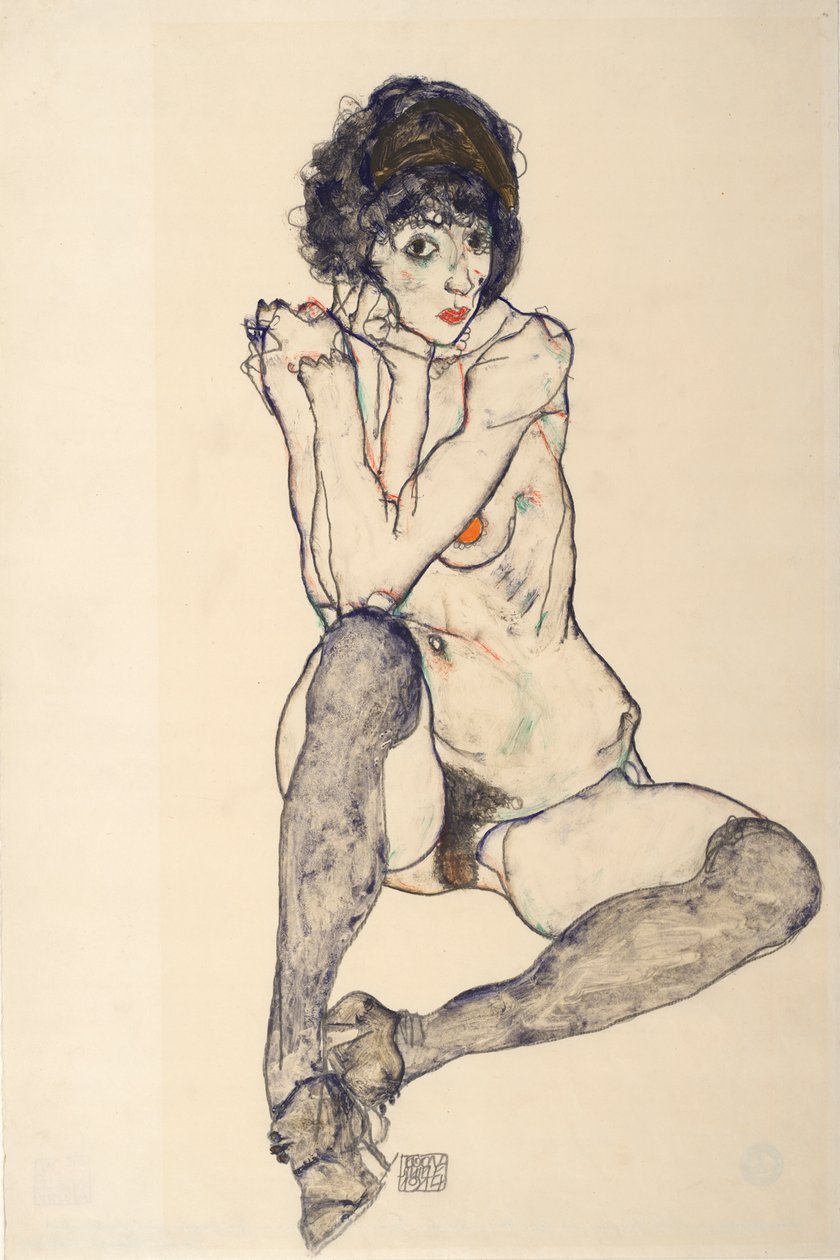 坐姿的女性裸体，右手肘休息，1914年。 作者 埃贡·席勒（Egon Schiele）