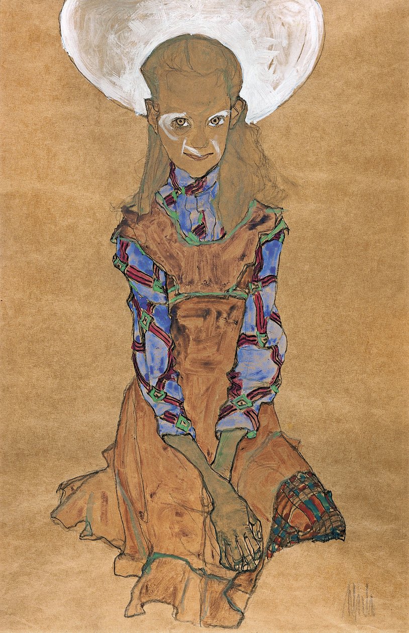 坐姿女孩Poldi Lodzinsky，c。 1910年 作者 埃贡·席勒（Egon Schiele）