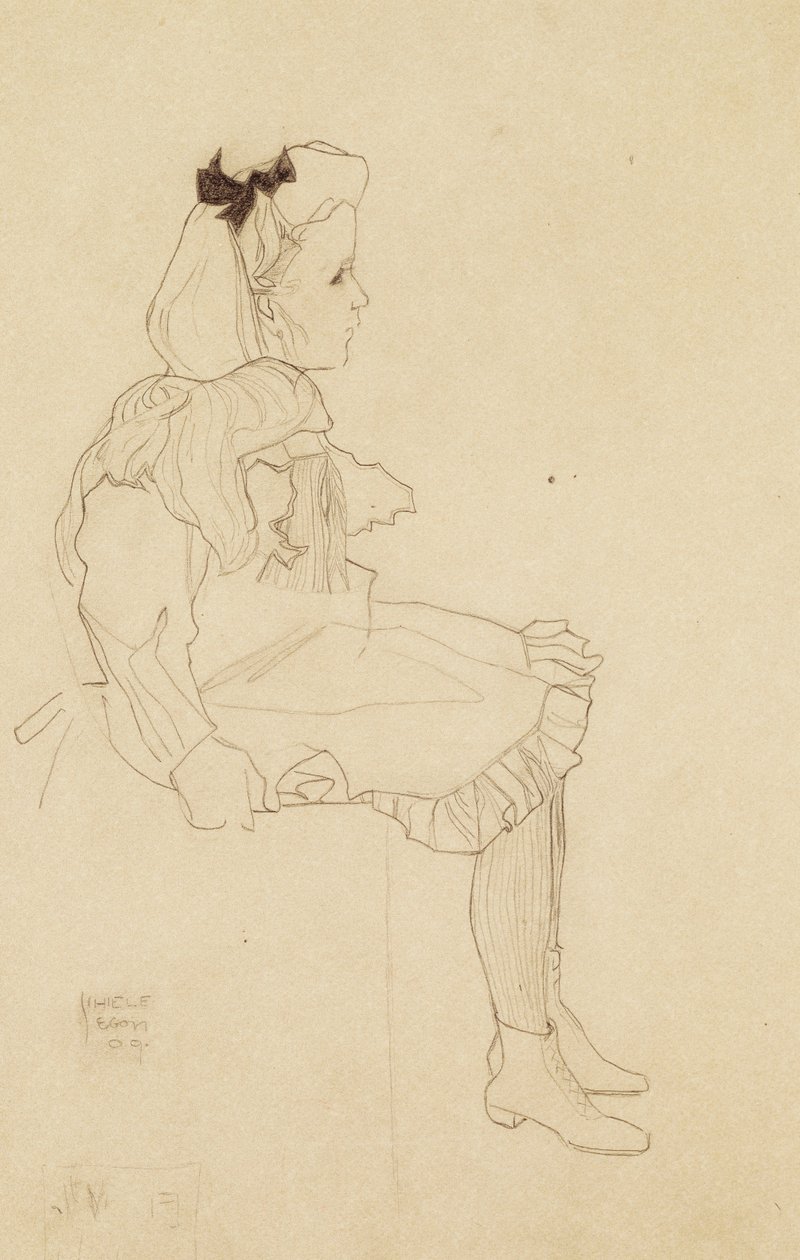 坐着的女孩，头戴蝴蝶结，1909年 作者 埃贡·席勒（Egon Schiele）