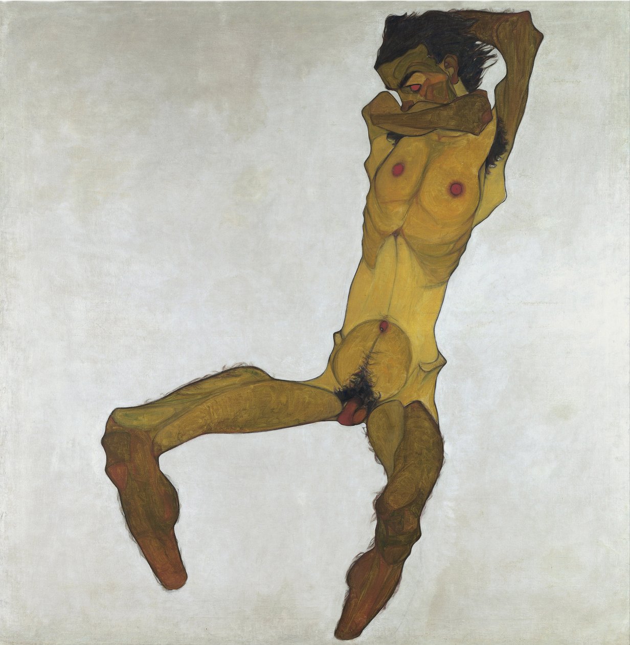 男性裸体坐像（自画像） - 席勒，埃贡（1890-1918） - 1910 - 布面油画 - 152,5x150 - 维也纳利奥波德博物馆 作者 埃贡·席勒（Egon Schiele）