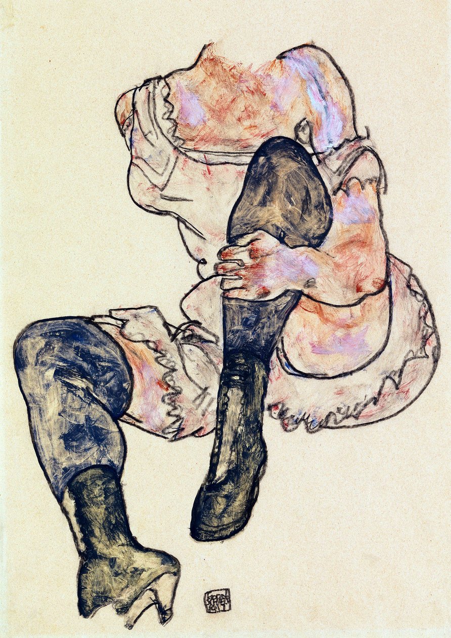 左腿弯曲的坐着的女人（躯干） par Schiele, Egon (1890-1918), c. 1917 年 - 纸上水粉和粉彩，43,2x29,9 - 私人收藏 作者 埃贡·席勒（Egon Schiele）