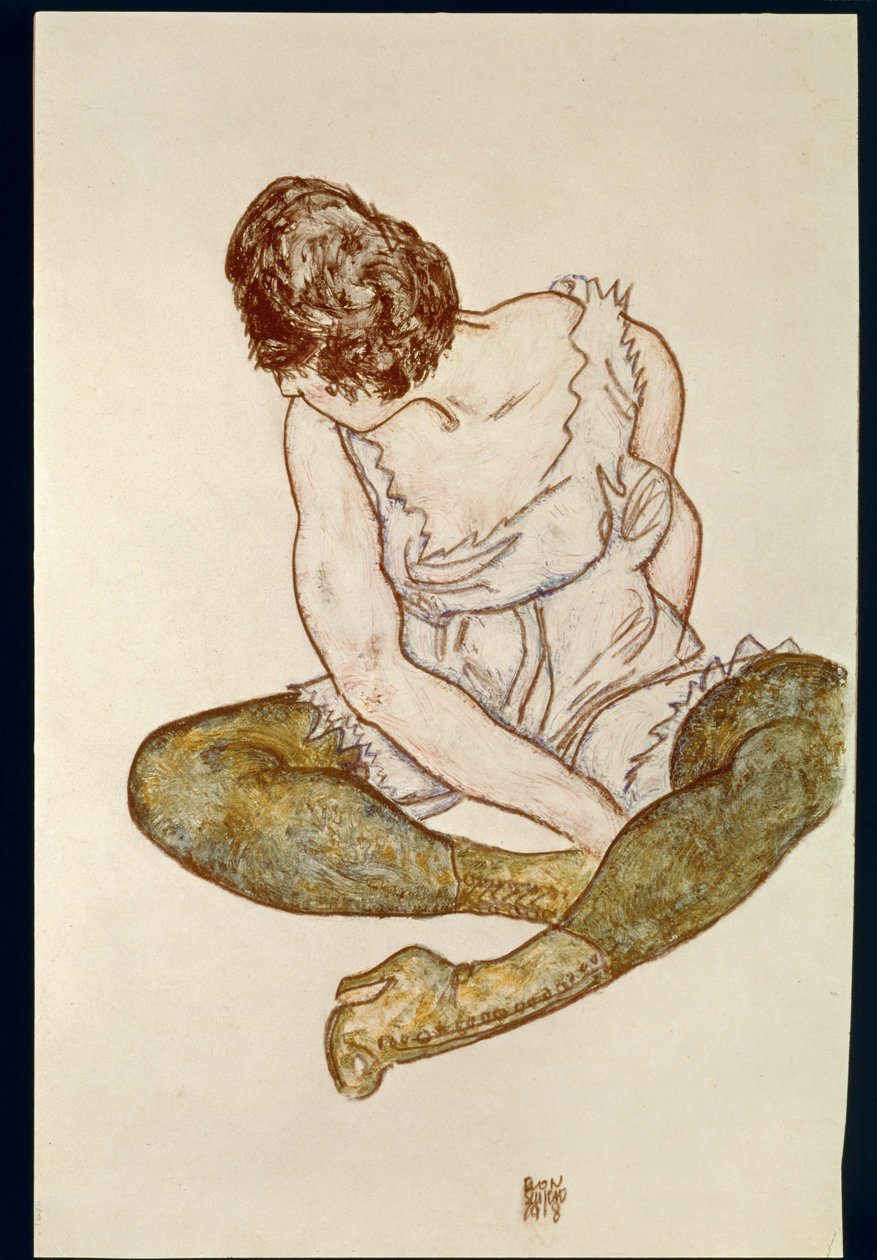 穿绿丝袜的坐着的女人......（水彩和黑色蜡笔） 作者 埃贡·席勒（Egon Schiele）