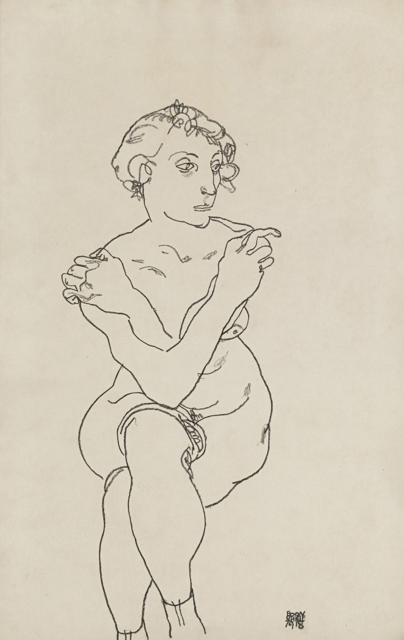 坐姿的女性裸体，手臂和腿交叉，1918年 作者 埃贡·席勒（Egon Schiele）