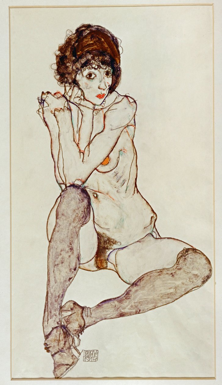 女性裸体坐姿，手肘放在右膝上 作者 埃贡·席勒（Egon Schiele）