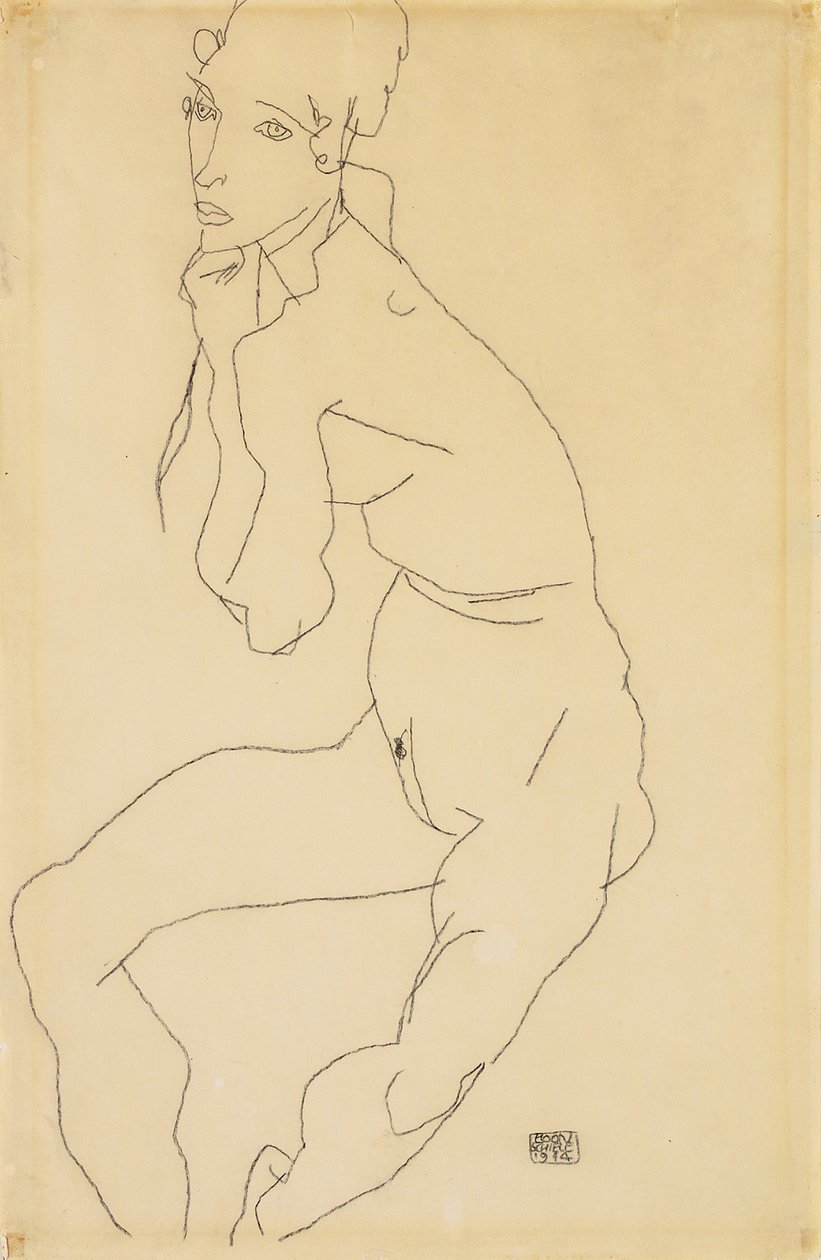 坐着的女性裸体用手托住下巴，1914年 作者 埃贡·席勒（Egon Schiele）