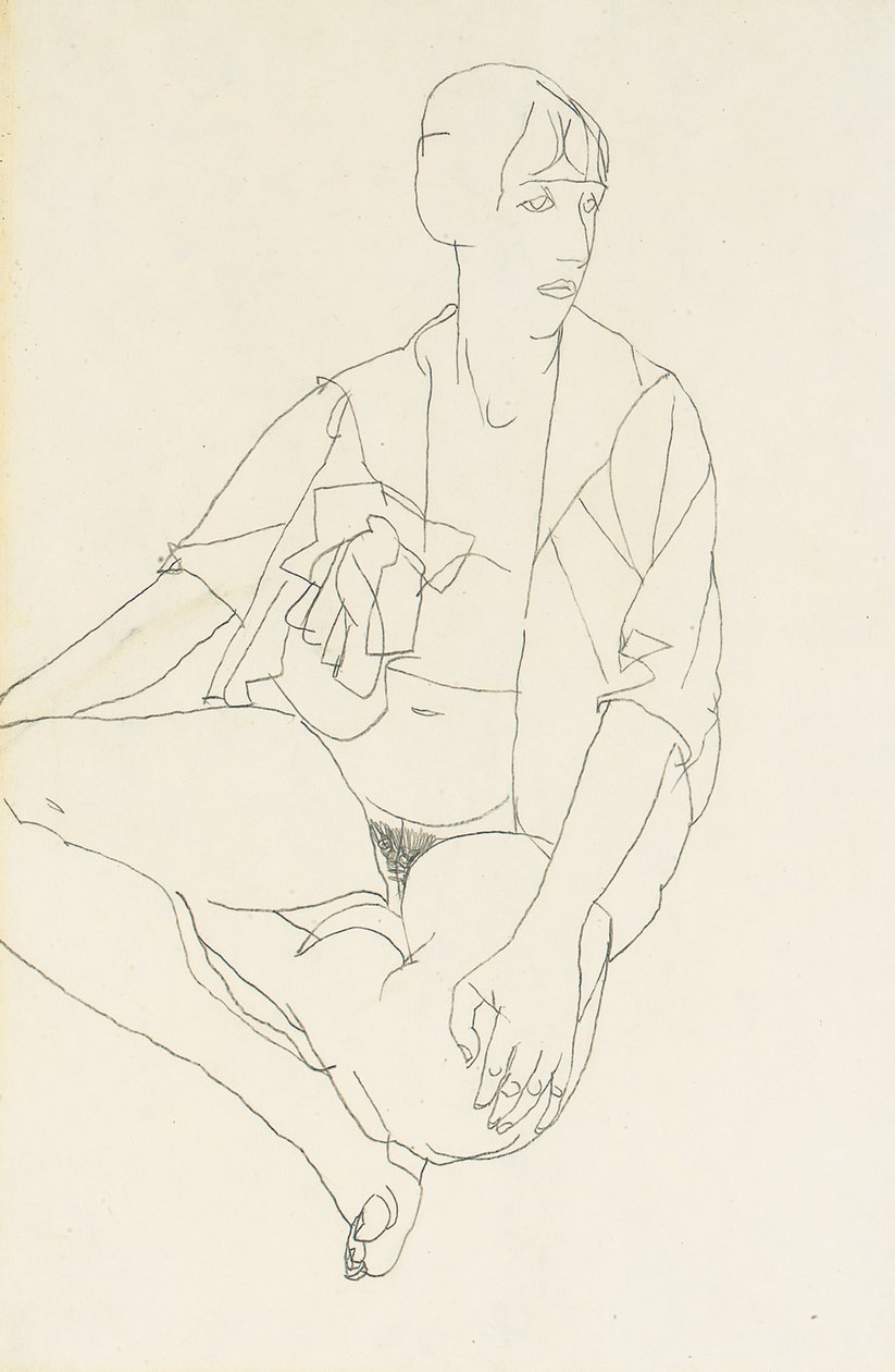 坐着的裸女与开放式衬衫，1913年 作者 埃贡·席勒（Egon Schiele）