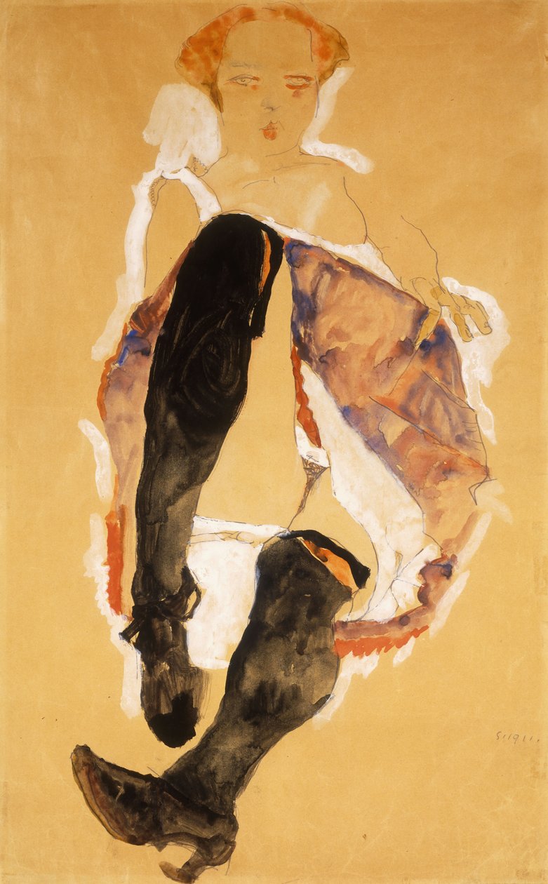 坐着的女人，有黑色的长筒袜；坐着的女孩，黑色的长筒袜，1911年 作者 埃贡·席勒（Egon Schiele）