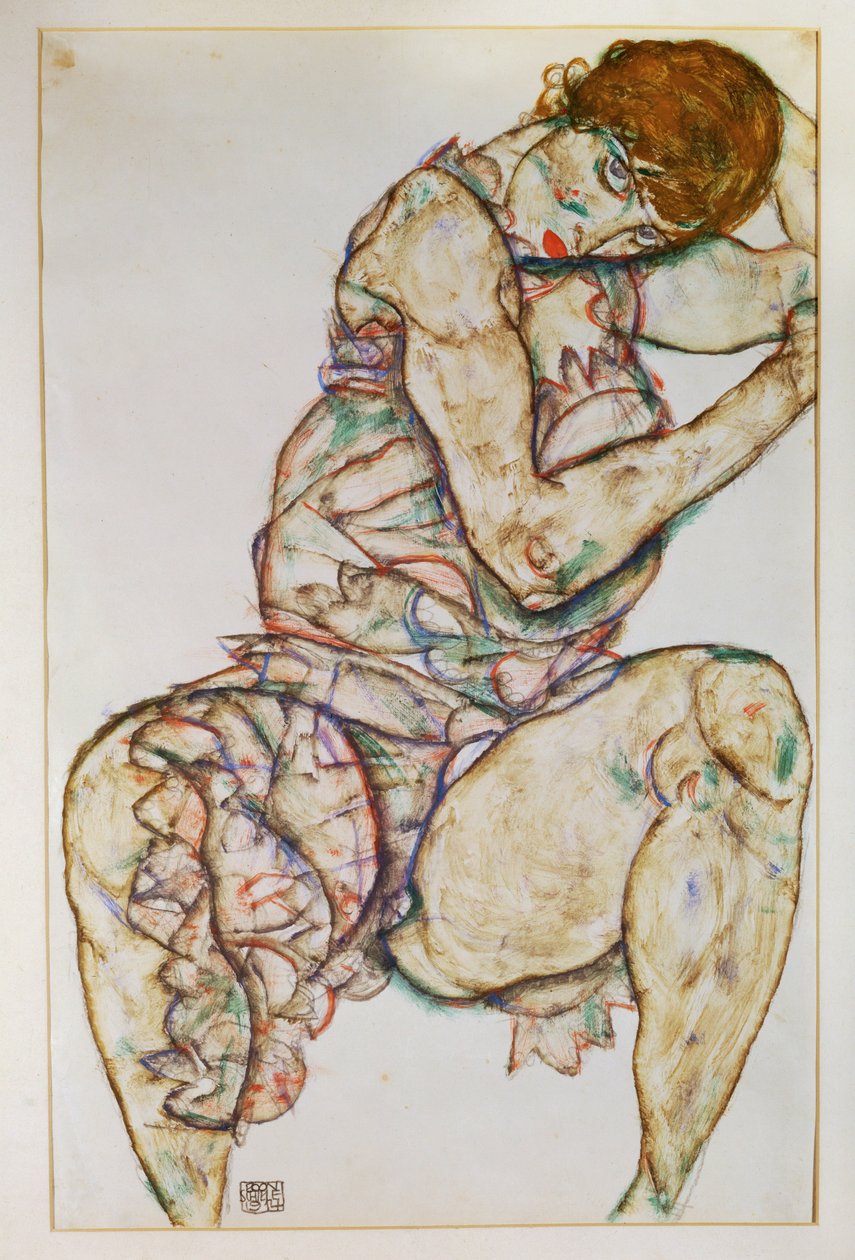 坐着的女人，左手插在头发里（水粉和铅笔） 作者 埃贡·席勒（Egon Schiele）