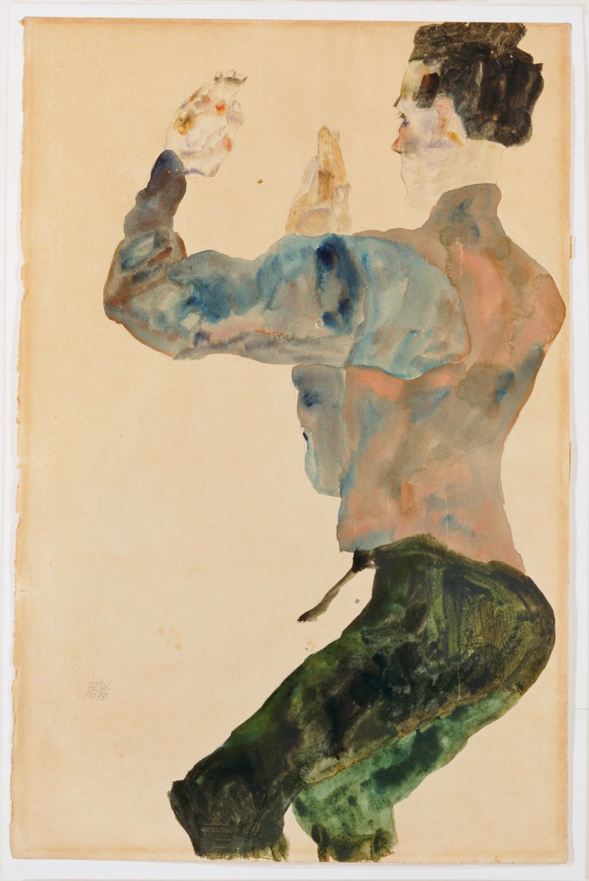 高举双臂的自画像，背影 作者 埃贡·席勒（Egon Schiele）