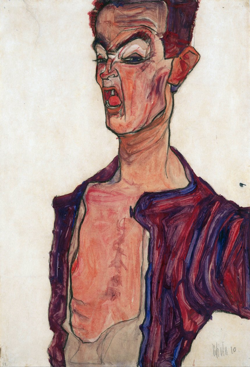 自画像，龇牙咧嘴 - 席勒, 埃贡 (1890-1918) - 1910 - 纸上水粉画 - 45,3x30,7 - 维也纳利奥波德博物馆 作者 埃贡·席勒（Egon Schiele）