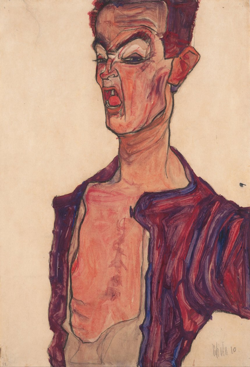 自画像，鬼脸，1910年 作者 埃贡·席勒（Egon Schiele）