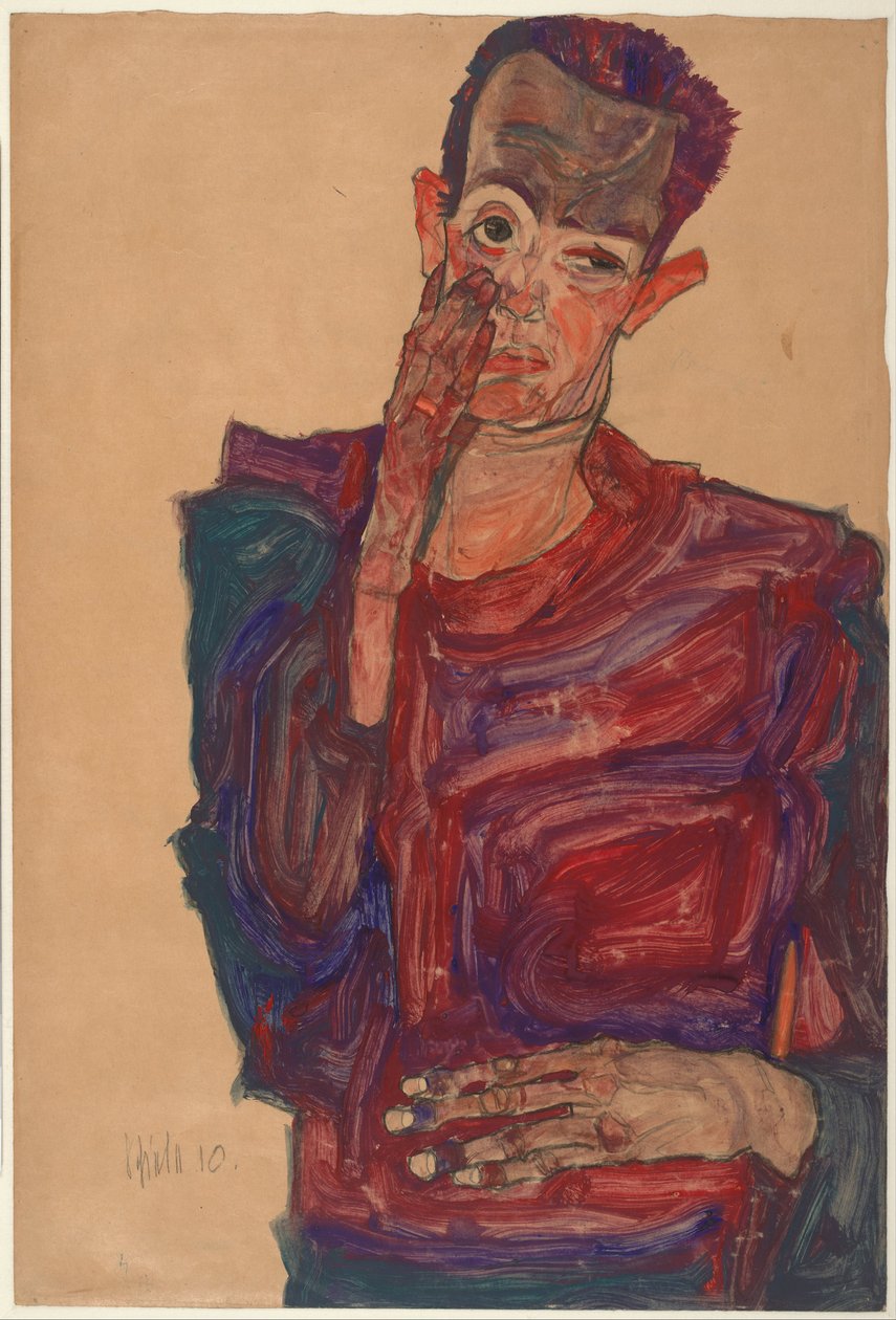 带眼睑的自画像，1910年 作者 埃贡·席勒（Egon Schiele）