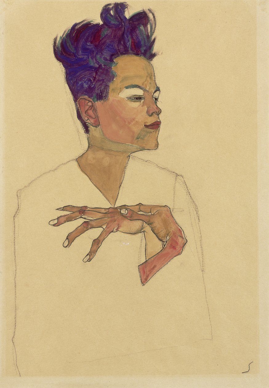 自画像，手放在胸口，1910年 作者 埃贡·席勒（Egon Schiele）