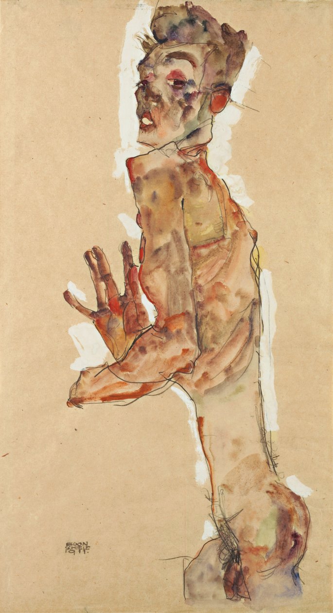 张开手指的自画像，1911年 作者 埃贡·席勒（Egon Schiele）