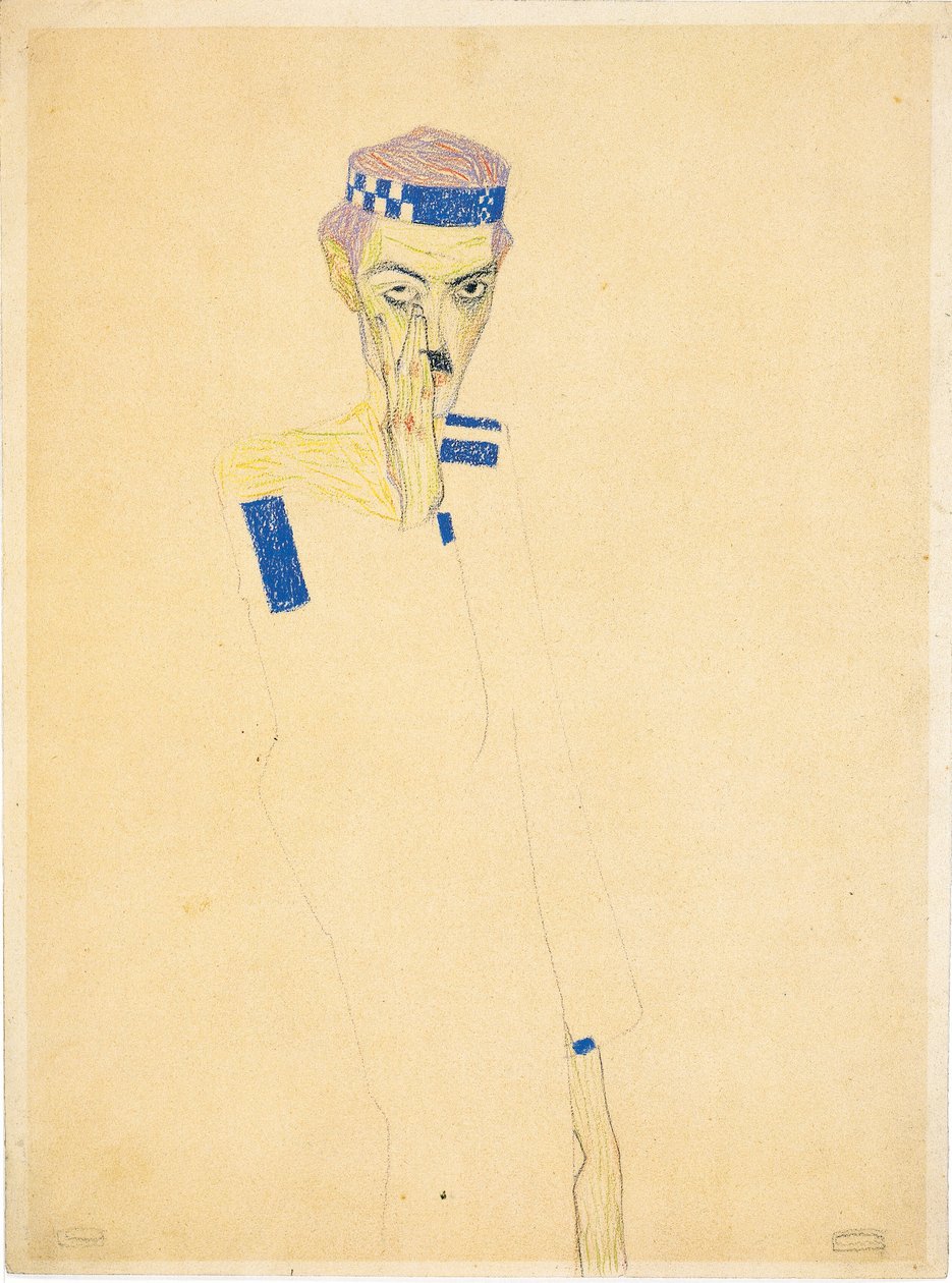 戴蓝色格子头巾的自画像，1909年。 作者 埃贡·席勒（Egon Schiele）