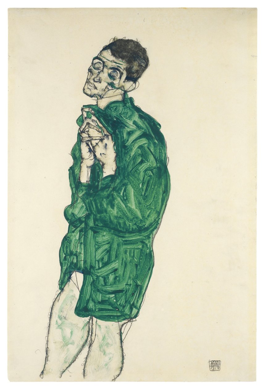 闭着眼睛的绿色衬衫的自画像，1914年 作者 埃贡·席勒（Egon Schiele）