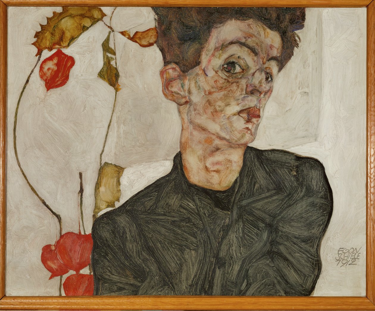 提着灯笼和水果的自画像（木板画） 作者 埃贡·席勒（Egon Schiele）