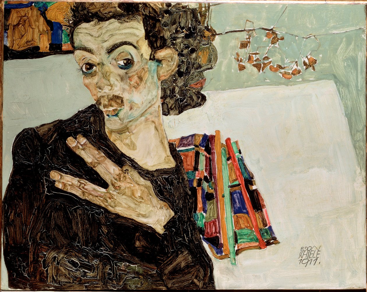 手指分开的自画像。 Egon Schiele的绘画 作者 埃贡·席勒（Egon Schiele）