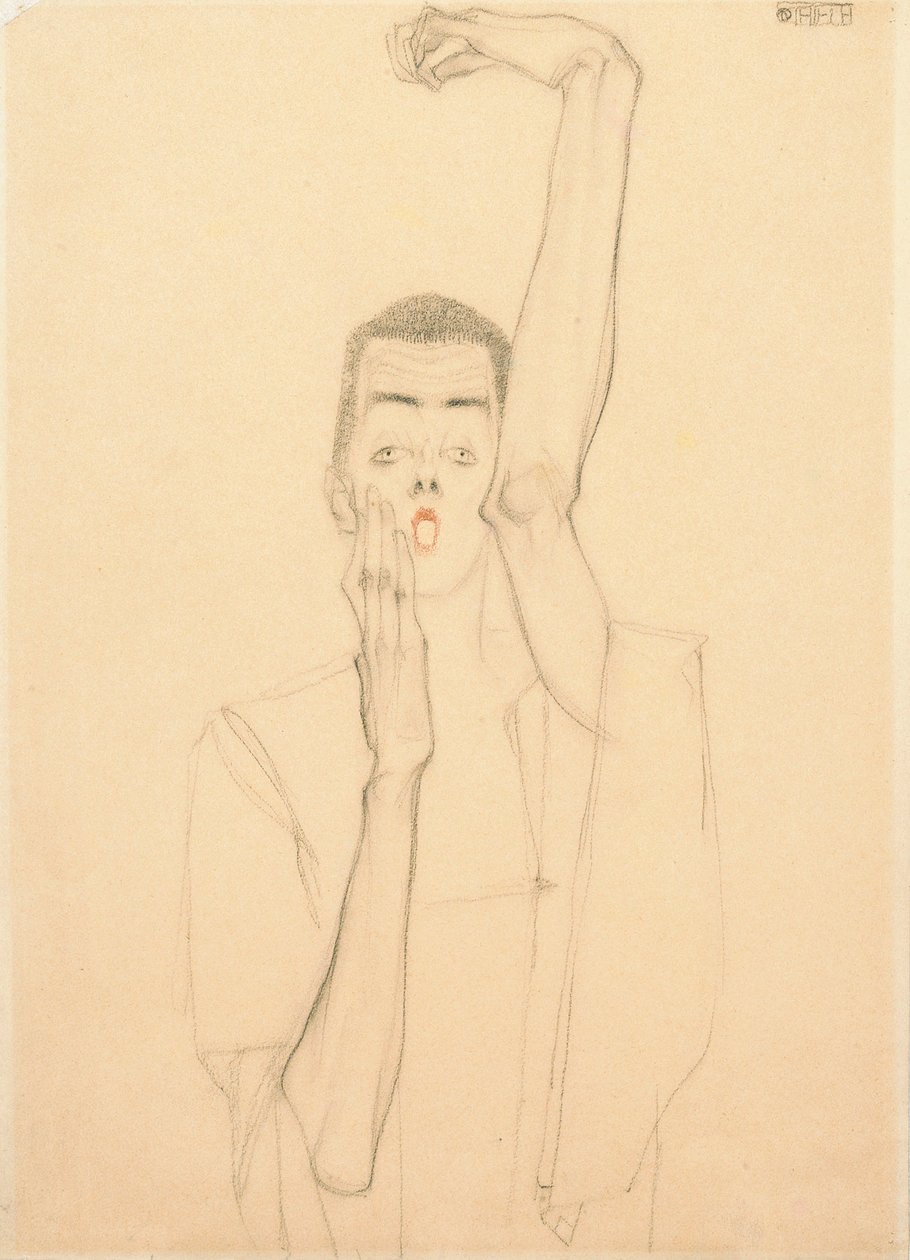 举起手臂和红嘴的自画像 作者 埃贡·席勒（Egon Schiele）