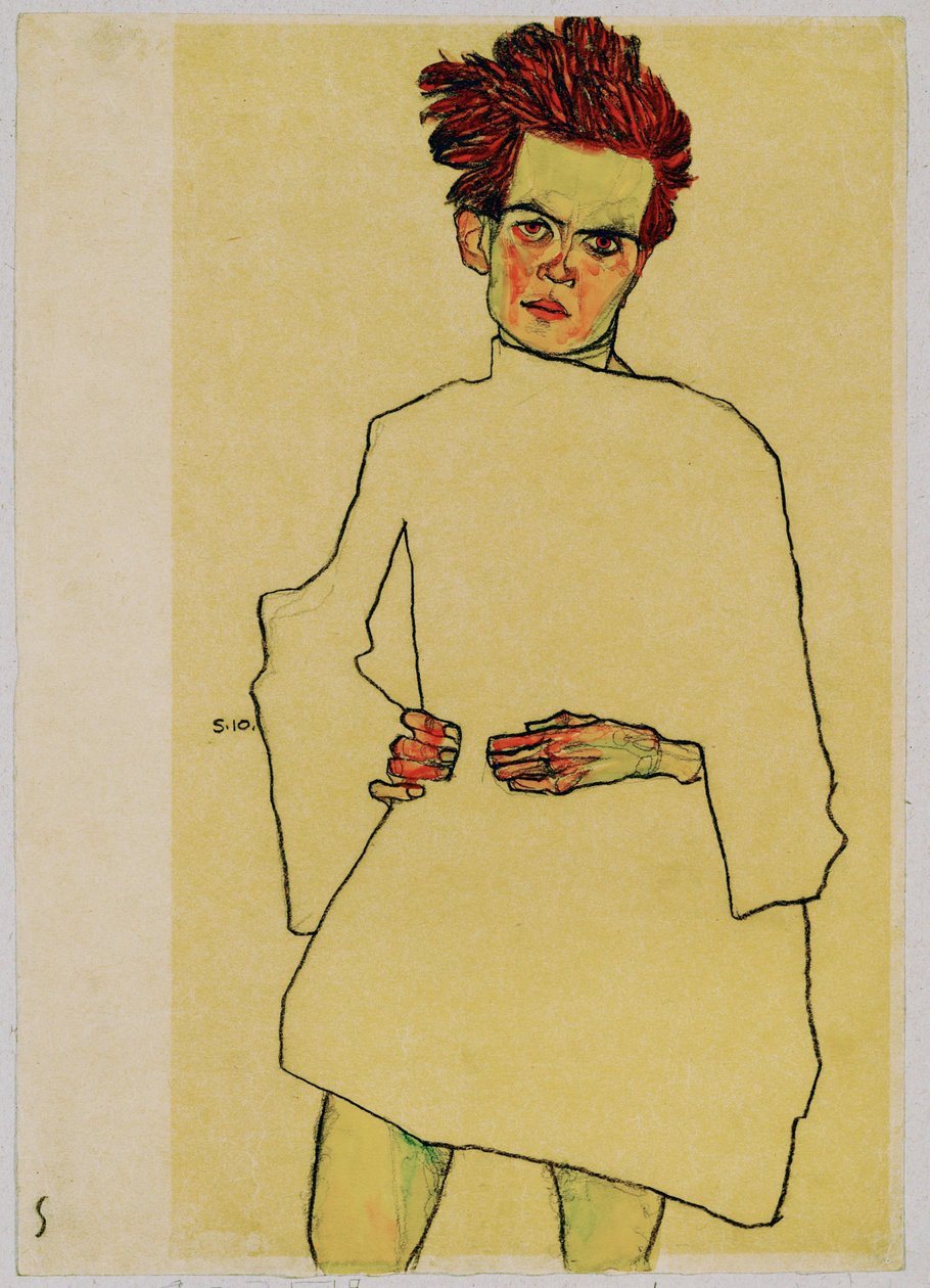 穿衬衫的自画像（水粉、水彩和黑色蜡笔） 作者 埃贡·席勒（Egon Schiele）