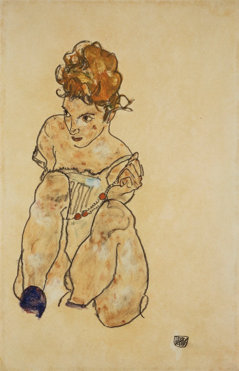 坐在内衣的女孩，1917年 作者 埃贡·席勒（Egon Schiele）