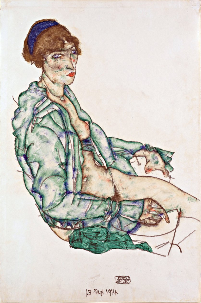 带蓝色发带的半裸坐像 - 席勒, 埃贡（1890-1918） - 1914 - 纸上黑色粉笔、水粉 - 47.4x31.3 - 维也纳利奥波德博物馆 作者 埃贡·席勒（Egon Schiele）