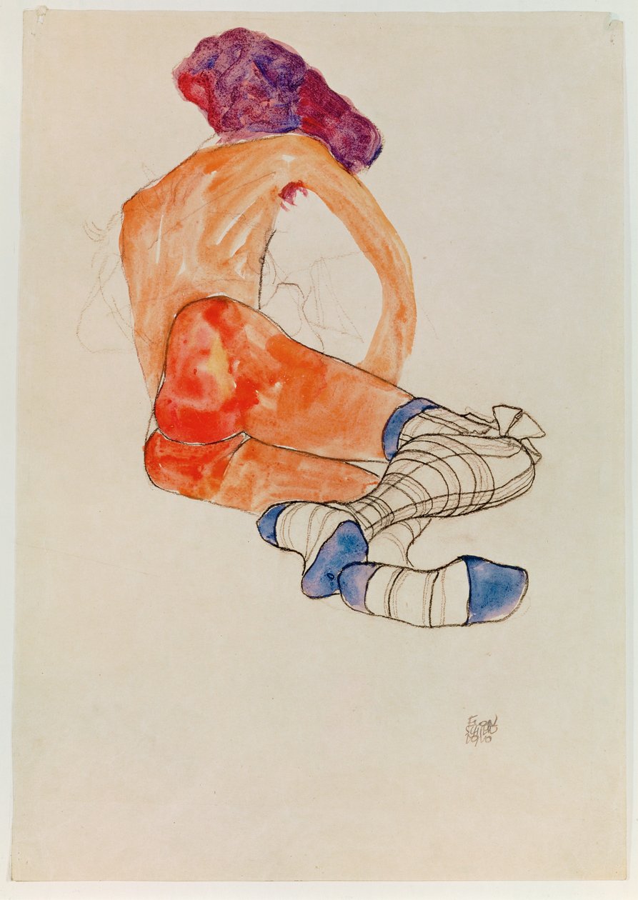 带蓝色吊袜带的女性裸体坐像，选自...（水粉画、水彩画和木炭画） 作者 埃贡·席勒（Egon Schiele）