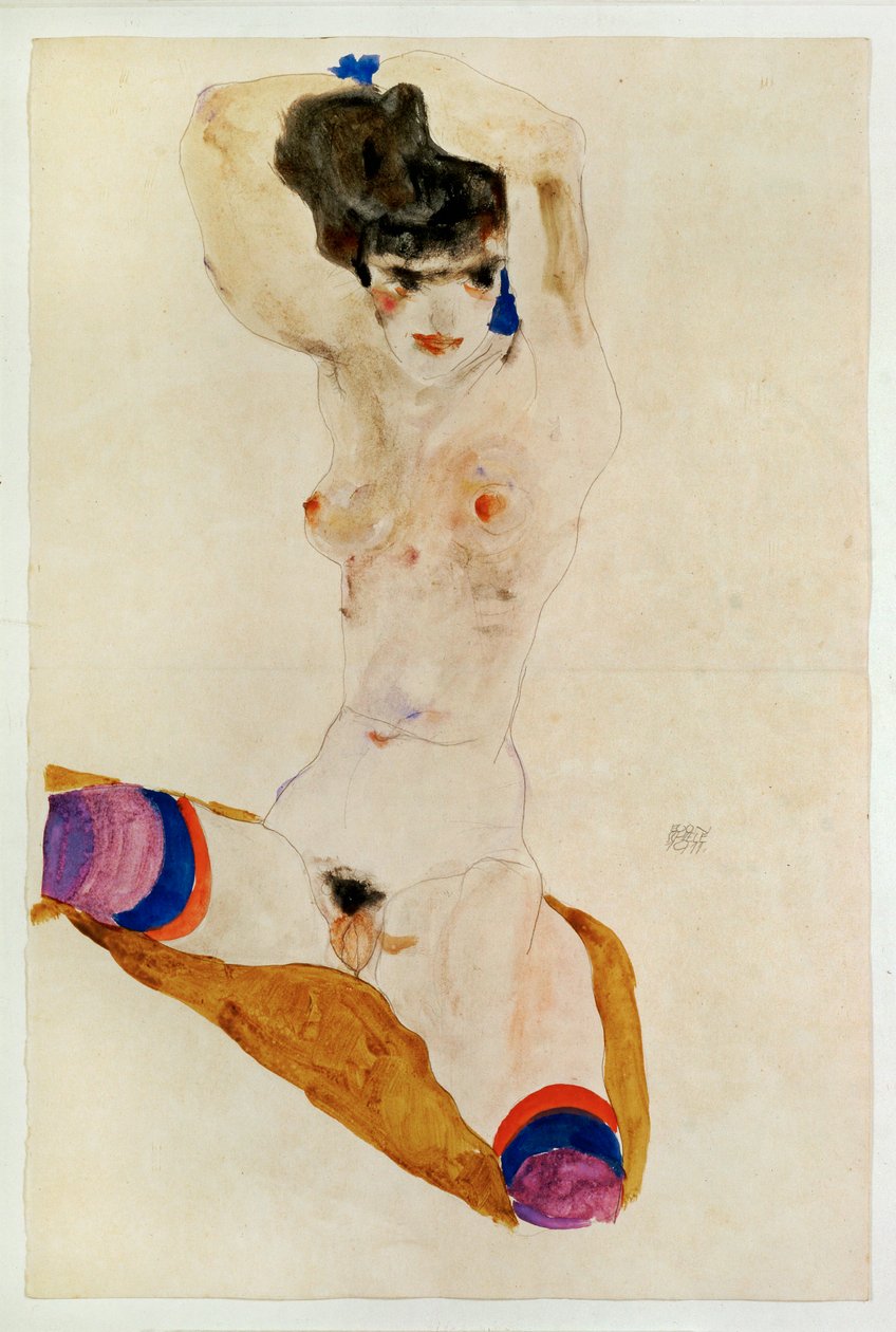 裸体女孩坐在头上......（水彩和铅笔） 作者 埃贡·席勒（Egon Schiele）