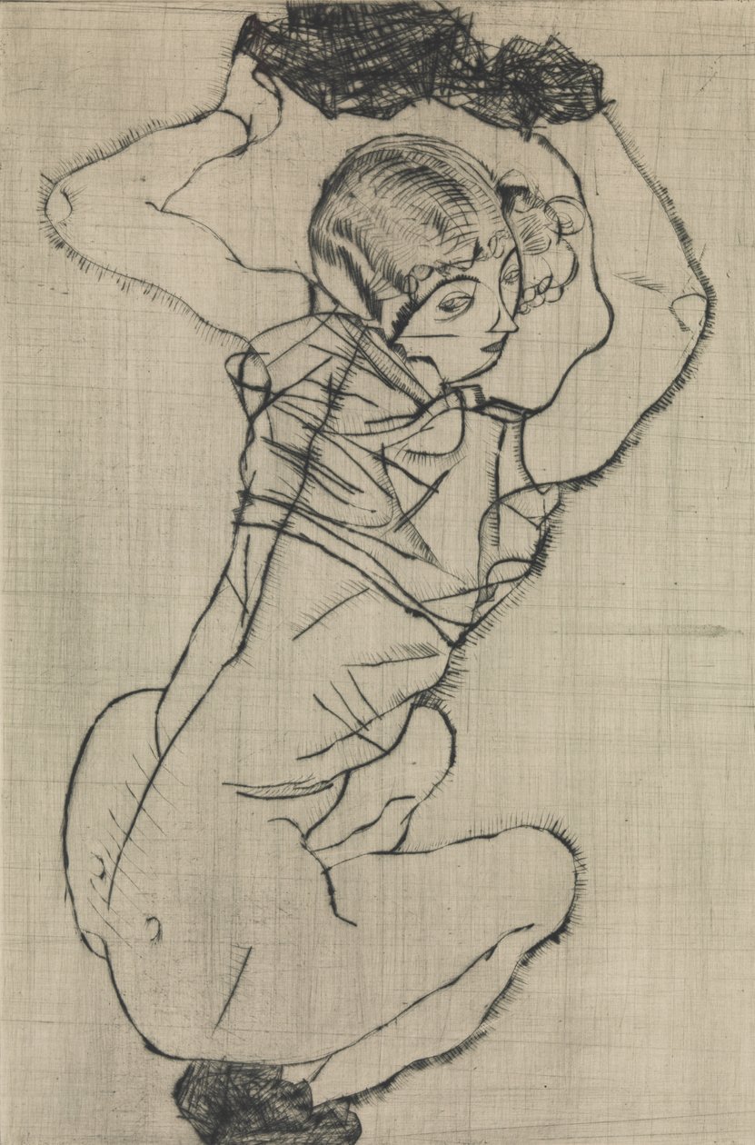 蹲着的女人，1914年。 作者 埃贡·席勒（Egon Schiele）