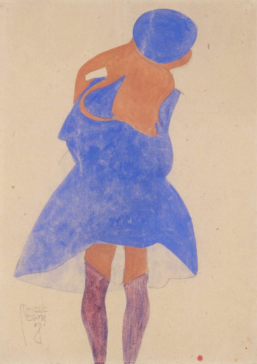 站立的女孩，后视图，1908年（水粉，水彩和纸上的石墨） 作者 埃贡·席勒（Egon Schiele）