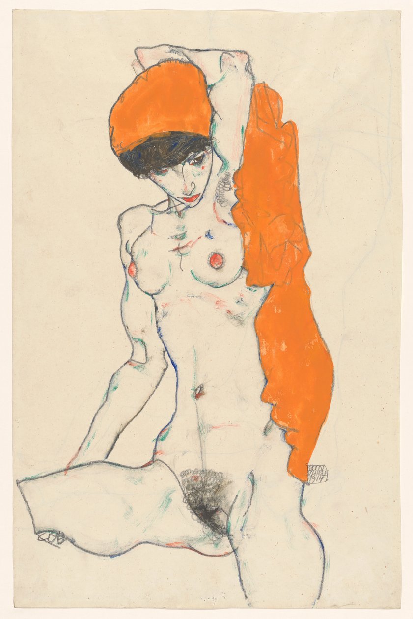 1914年，《橙色帷幕站立的裸体》。 作者 埃贡·席勒（Egon Schiele）
