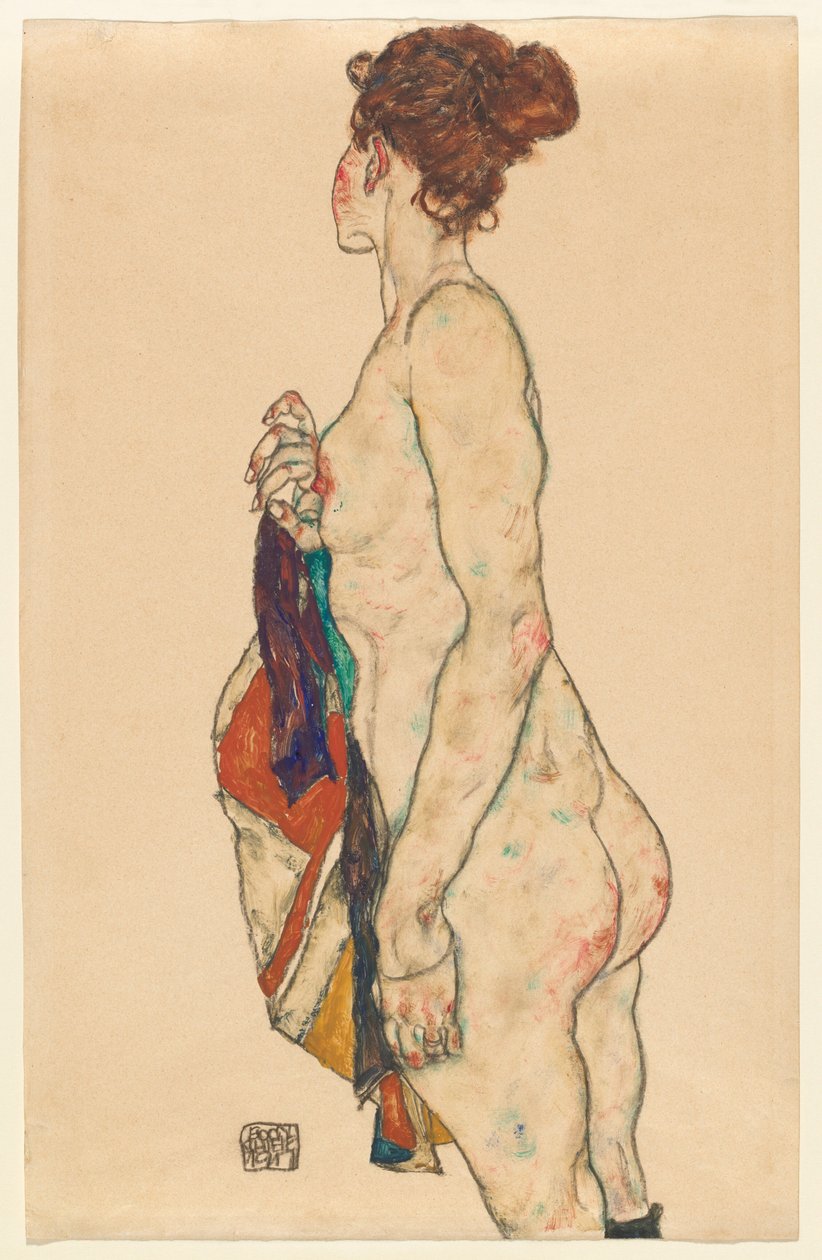 穿着花纹长袍的裸体站立 作者 埃贡·席勒（Egon Schiele）
