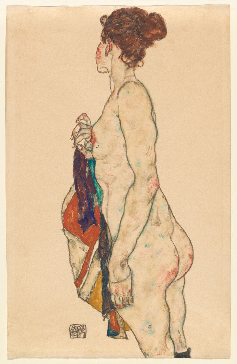 1917年，身着图案长袍的裸体裸体 作者 埃贡·席勒（Egon Schiele）