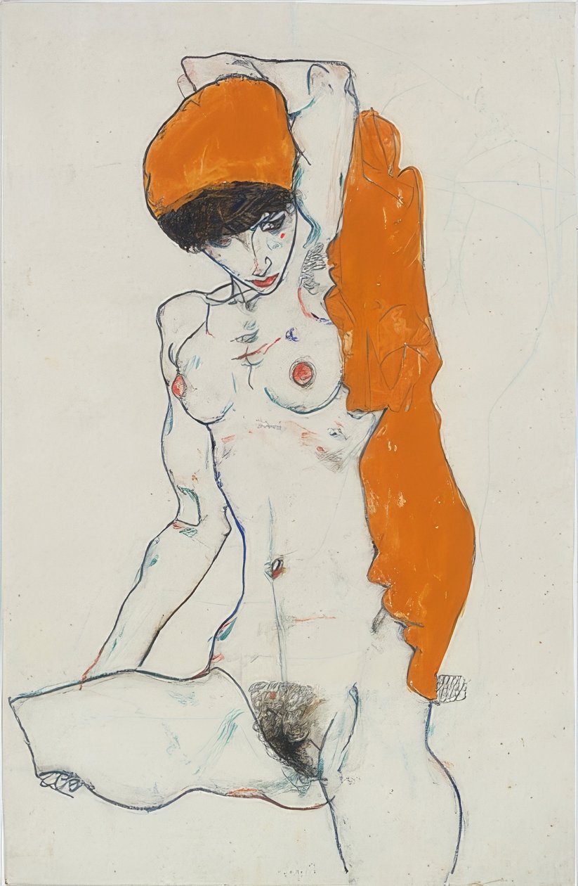 用橙色布站立的行为。 1914年 作者 埃贡·席勒（Egon Schiele）