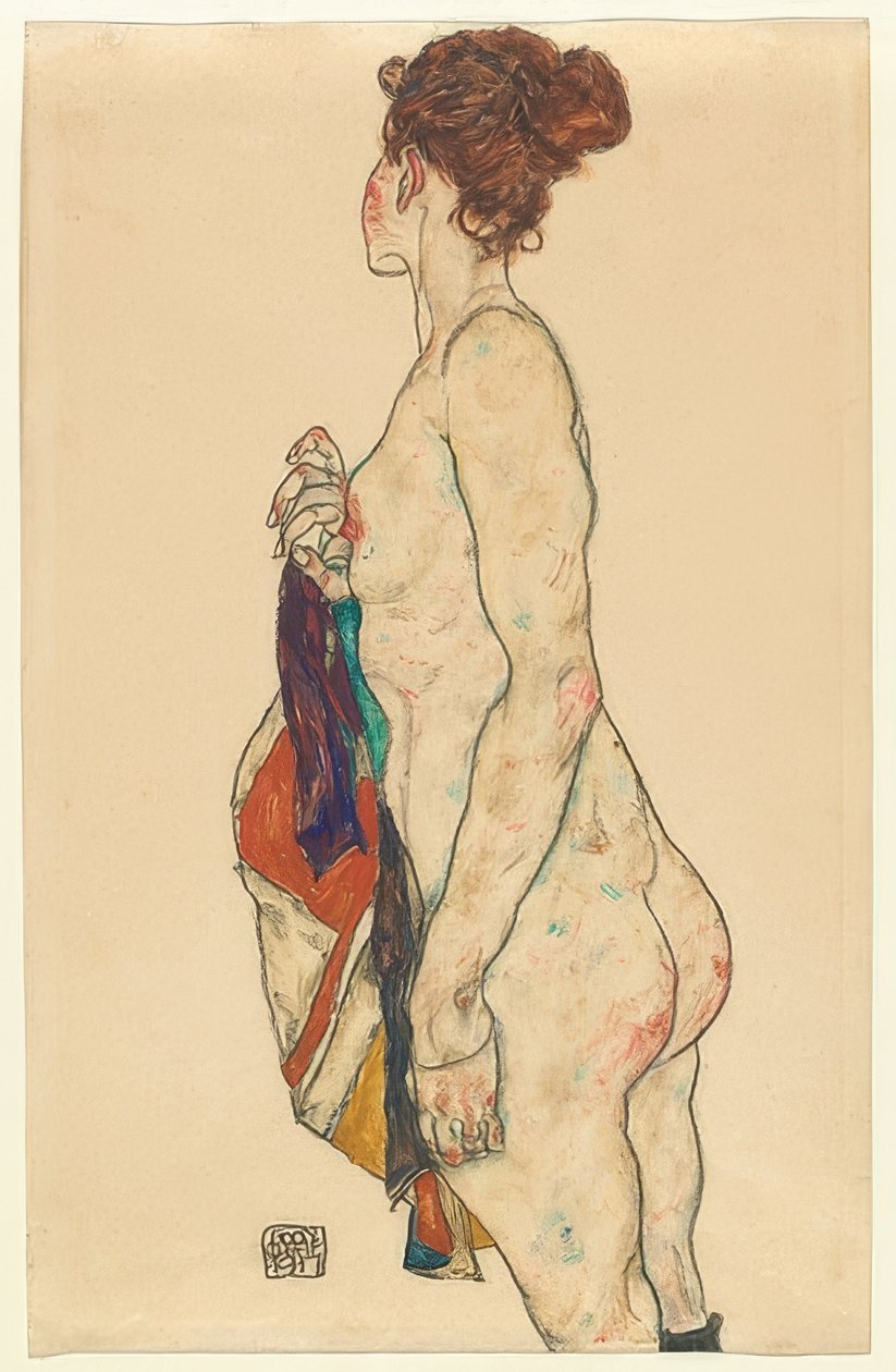 站立的裸体与图案的长袍。 1917年 作者 埃贡·席勒（Egon Schiele）